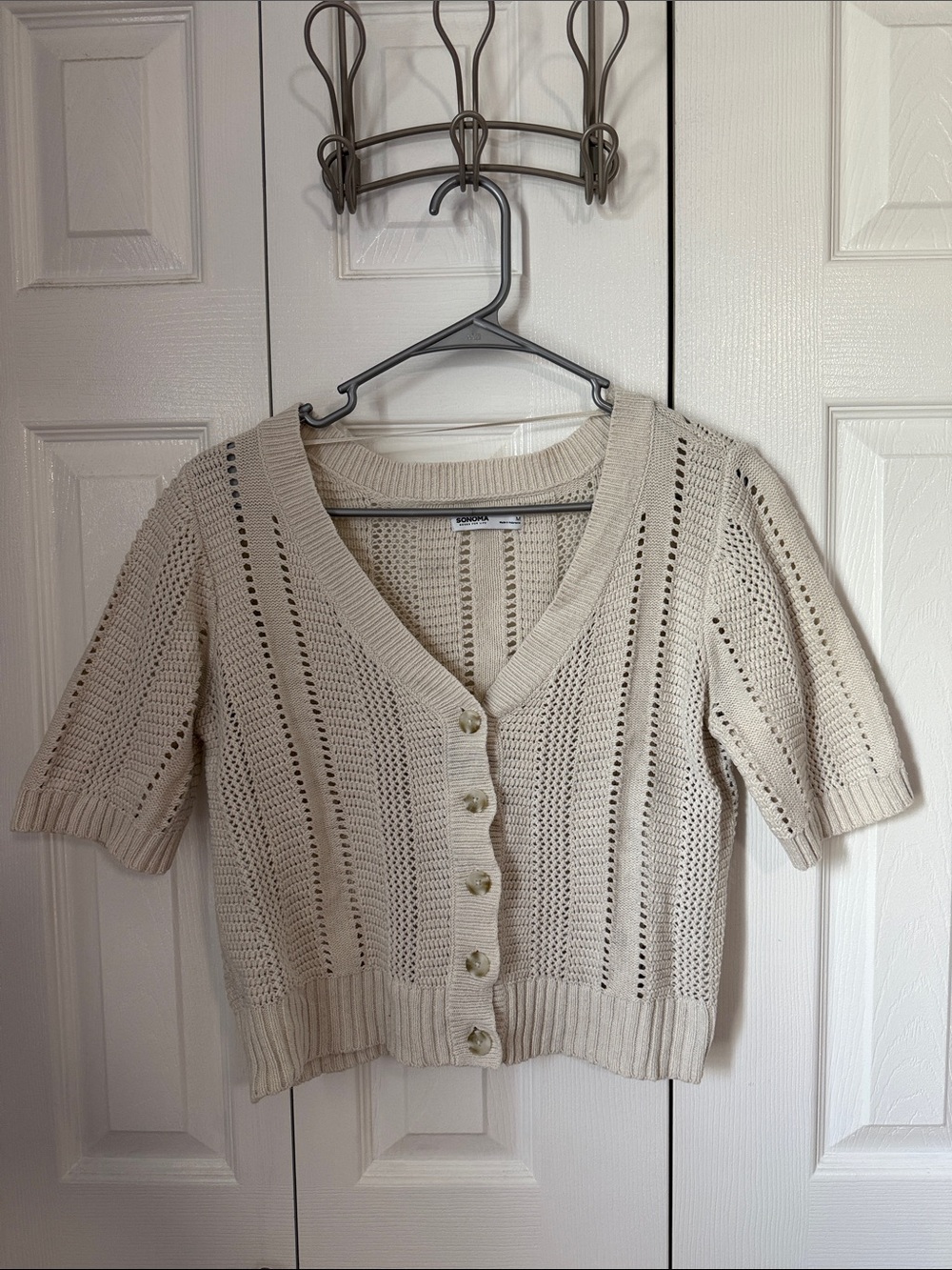 Women’s Cream Knit Short-Sleeve Button Cardigan Sweater